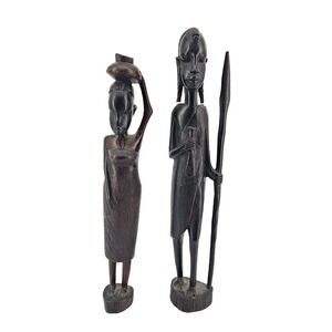 Unbranded African Wood Statues Unisex OS Black Hand Carved Warrior Pair GUC
